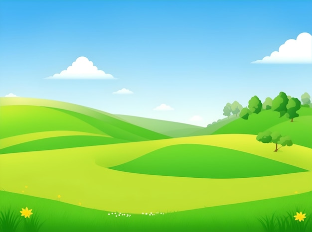 een tekening van een groen veld met een veld met bomen en een heuvel met op de achtergrond een golfbaan