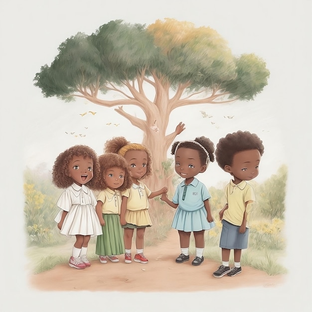 een tekening van een groep kinderen voor een boom