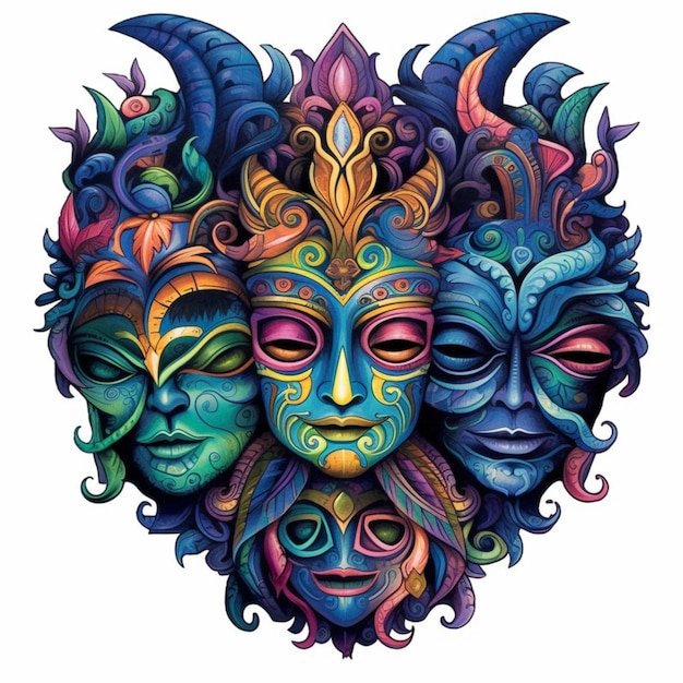 Een tekening van een groep kleurrijke gezichten met verschillende kleuren generatieve ai