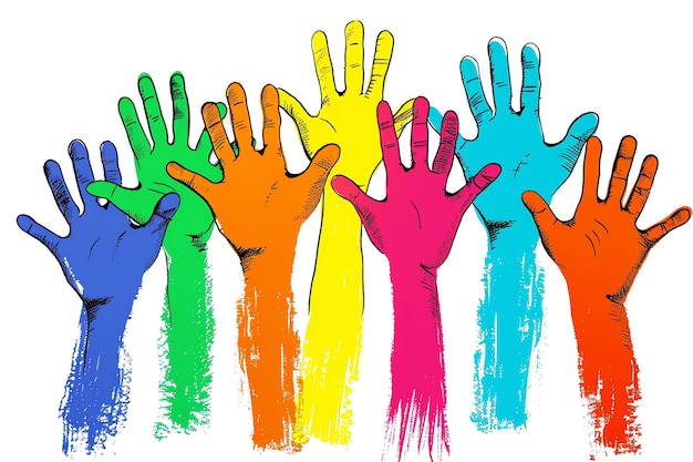 Foto een tekening van een groep kleurrijke handen met het woord regenboog erop
