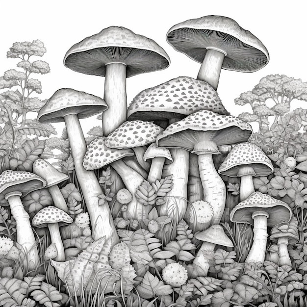 een tekening van een groep paddenstoelen in een bloemenveld generatieve ai