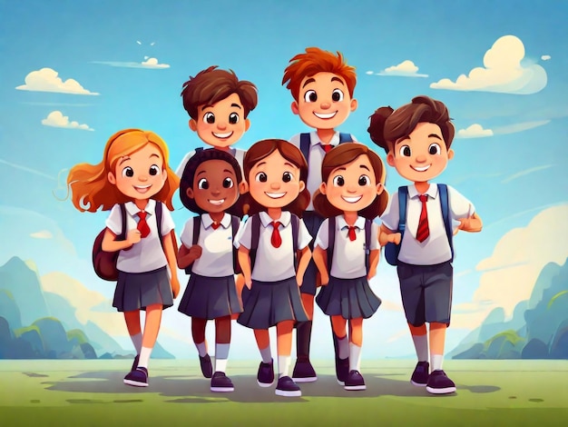 een tekening van een groep schoolkinderen met hun rugzakken