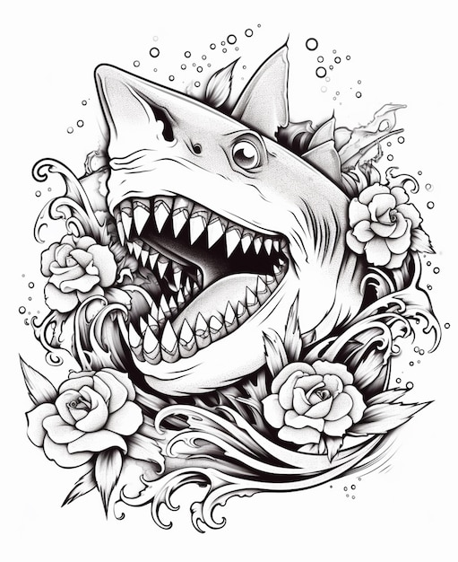 Foto een tekening van een haai met een grote mond en tanden generatieve ai
