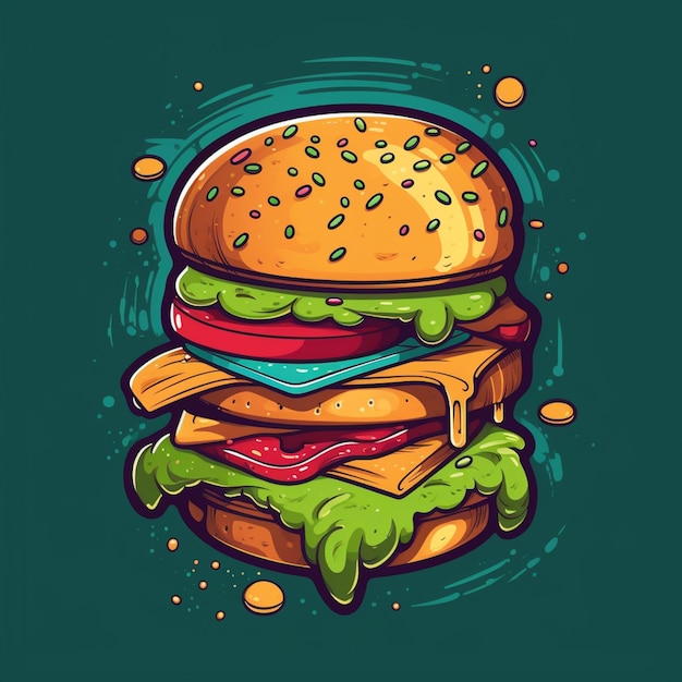 Een tekening van een hamburger met een groene achtergrond en de woorden "burger" op de bovenkant.