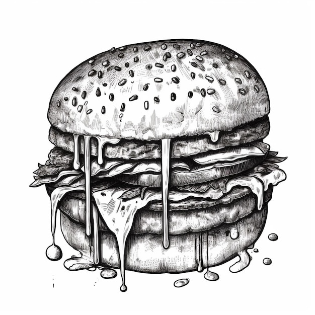 Foto een tekening van een hamburger met een vleugje siroop erop.