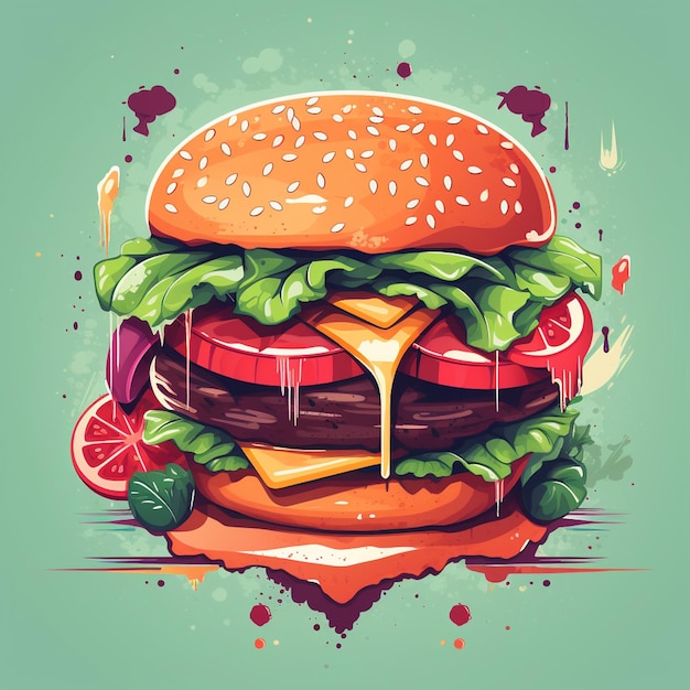 Een tekening van een hamburger met sla, tomaat en kaas.