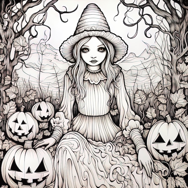 een tekening van een heks met een heksenhoed en pompoenen.