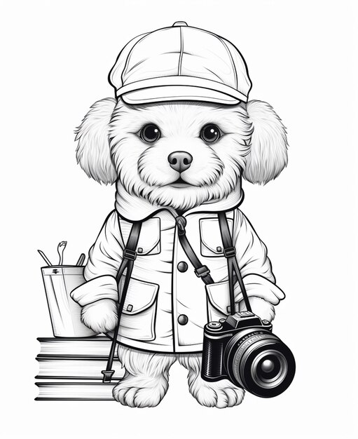 een tekening van een hond die een hoed en jas draagt en een camera vasthoudt