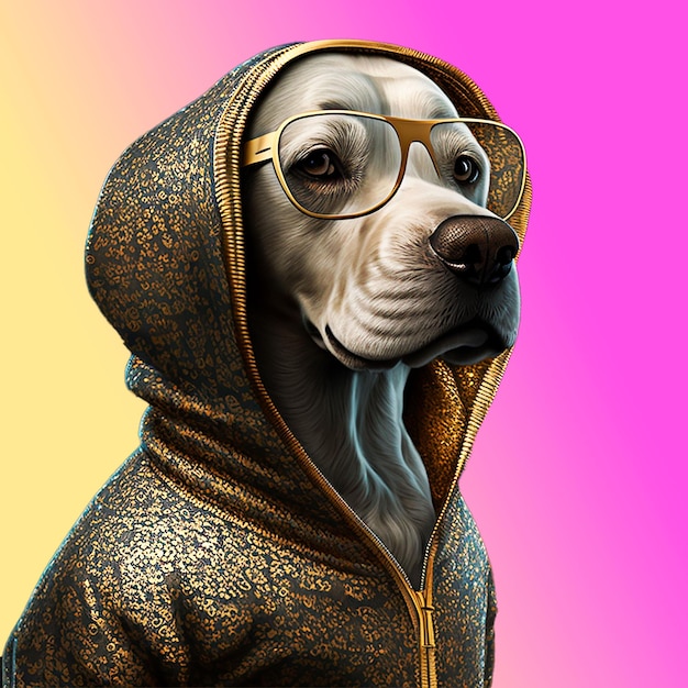 Een tekening van een hond die een hoodie draagt waar 'het woord' op staat.