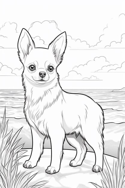 een tekening van een hond die op een strand bij de oceaan staat