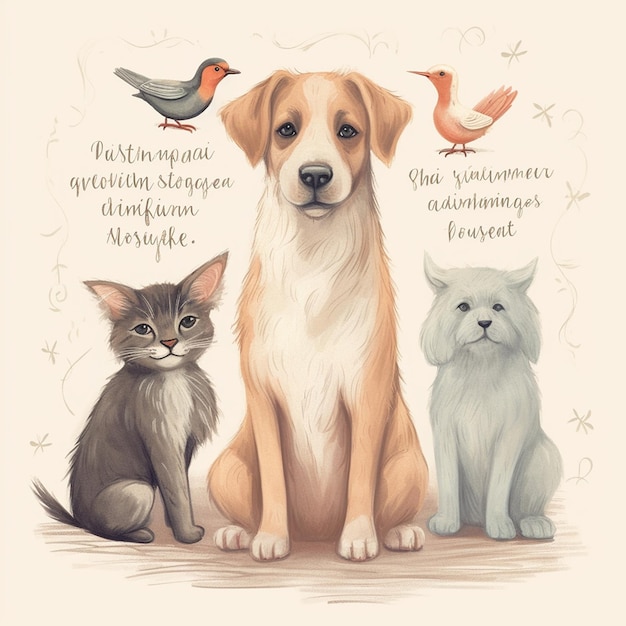 een tekening van een hond en een kat met een hond en vogels erop