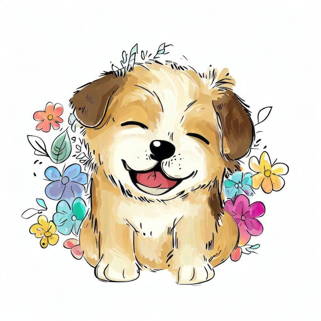 Een tekening van een hond met een bloem