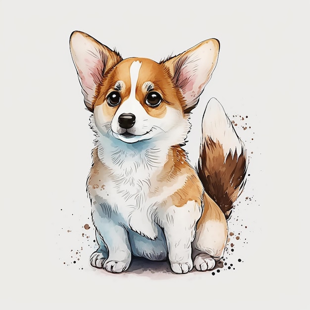 Een tekening van een hond met een bruine corgi erop.