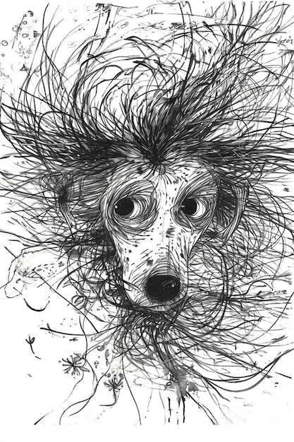 Foto een tekening van een hond met een rommelig haar op zijn hoofd generatieve ai