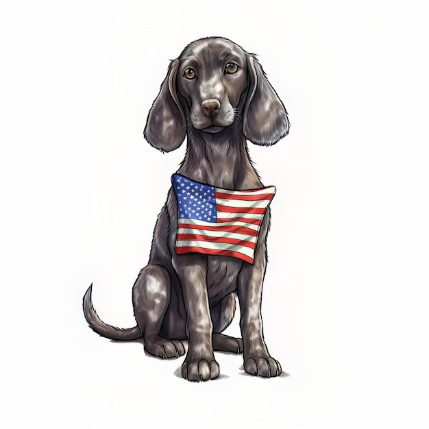 Een tekening van een hond met een vlag aan de voorkant.