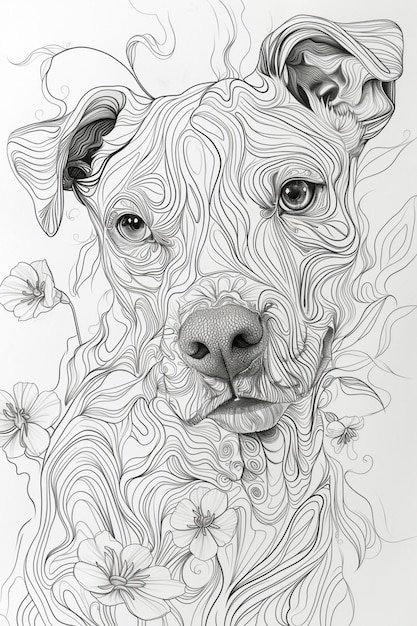 Foto een tekening van een hond met lang haar en een bloem generatieve ai