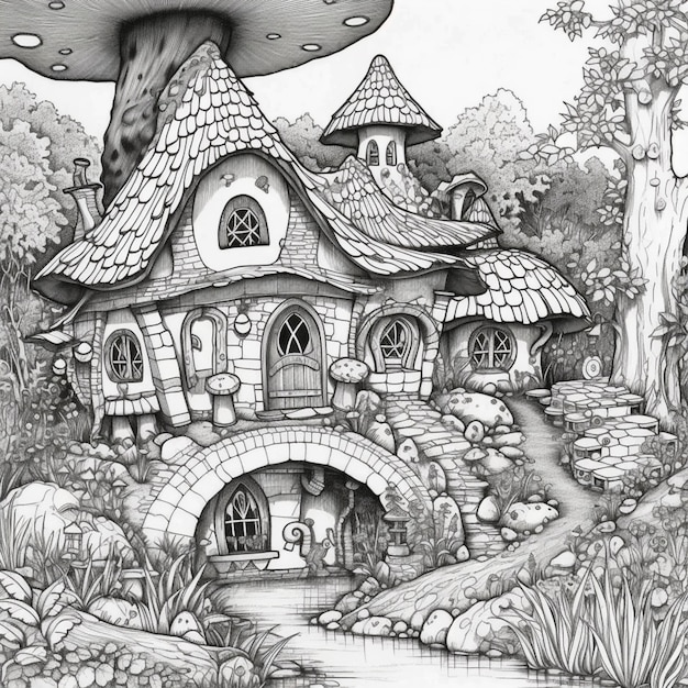 Een tekening van een huis in het bos.