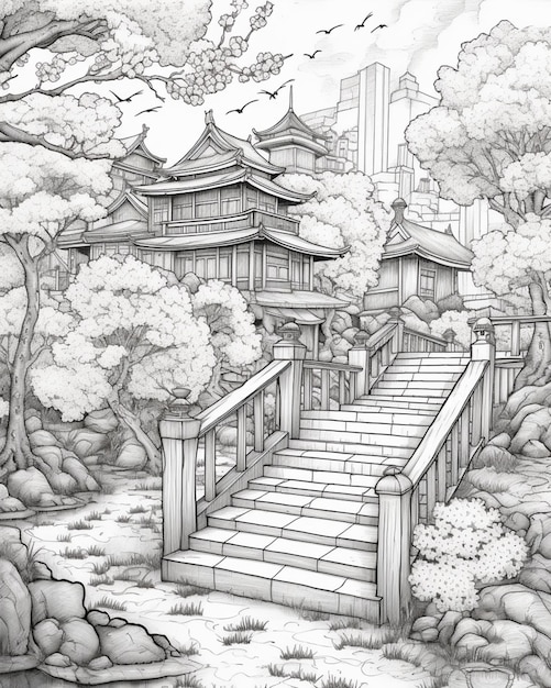 Een tekening van een huis in Japanse stijl in een park generatieve ai