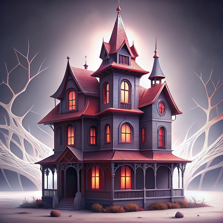 Foto een tekening van een huis met een rood dak en een groot raam