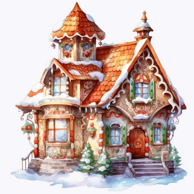 een tekening van een huis met een rood dak en een met sneeuw bedekt dak.