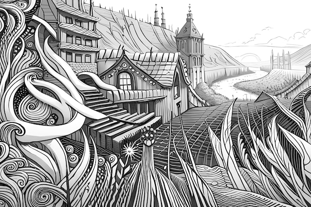 een tekening van een huis met een uitzicht op een rivier en een stad op de achtergrond.
