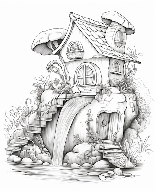 een tekening van een huis met een waterval en een tuin generatieve ai