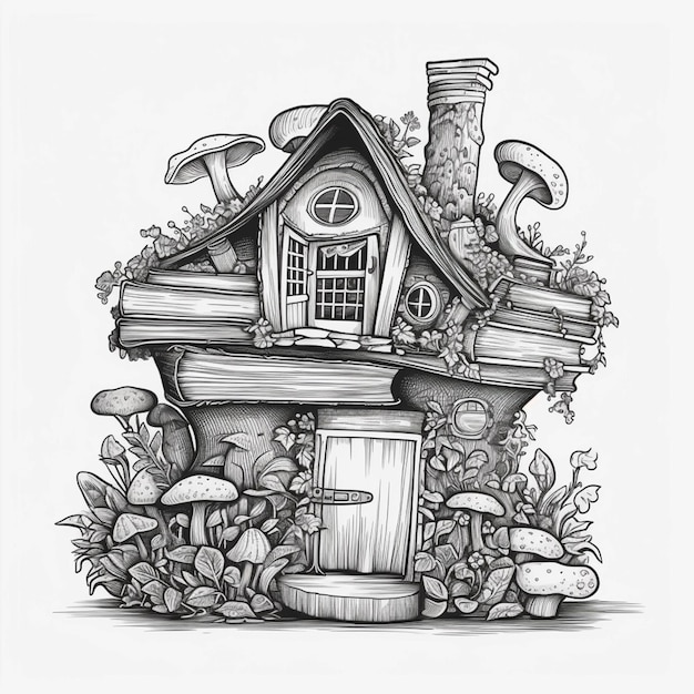 Een tekening van een huis waar paddenstoelen uit groeien generatieve ai