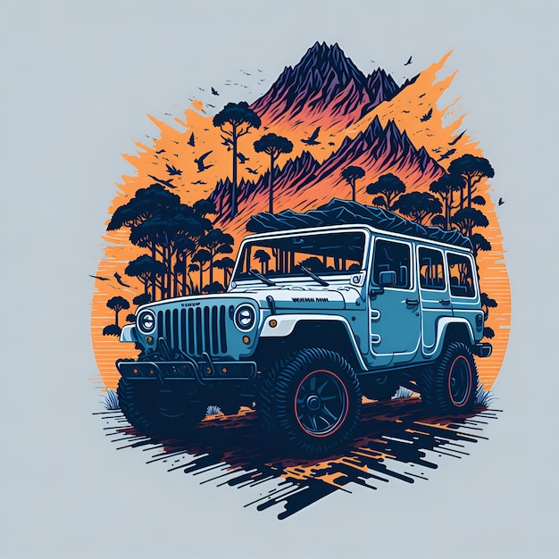 Een tekening van een jeep met de woorden jeep op de voorkant.