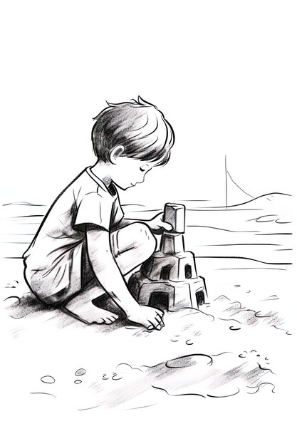 Foto een tekening van een jongen die met een zandkasteel speelt