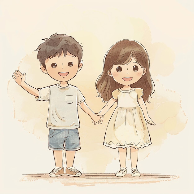 een tekening van een jongen en een meisje die handen vasthouden met een die handen vasthoudt