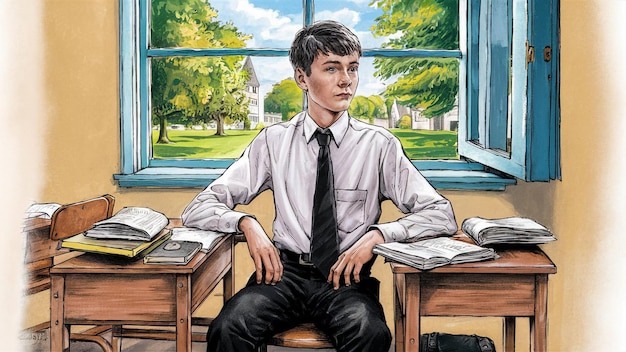 een tekening van een jongen met een stropdas en een boek met de titel "Hij zit voor hem"