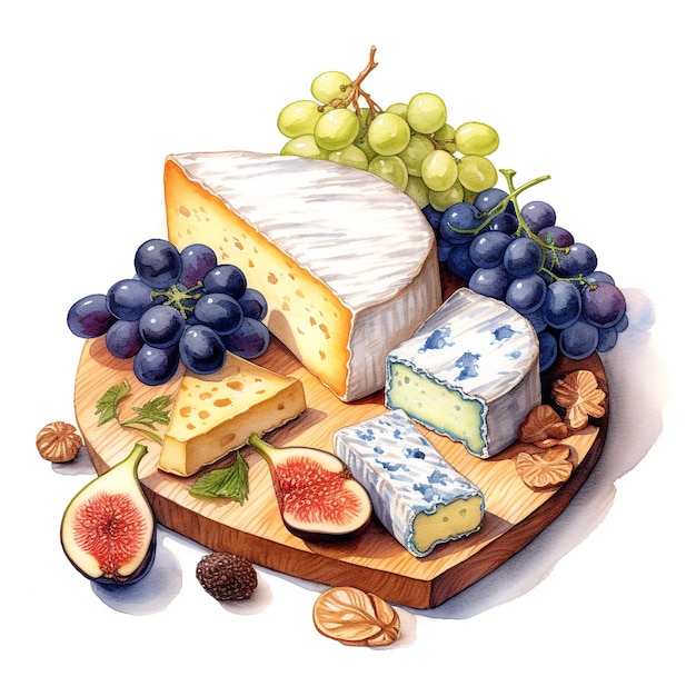 Een tekening van een kaasplankje met vijgen, druiven en vijgen.