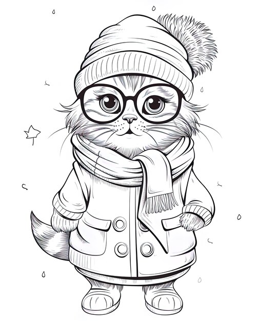 een tekening van een kat die een hoed en een bril draagt