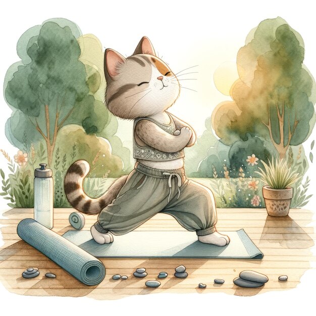 Foto een tekening van een kat die yoga oefent met een pijp en een waterfles