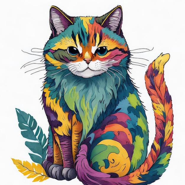 Een tekening van een kat met een regenboogkleurige staart.