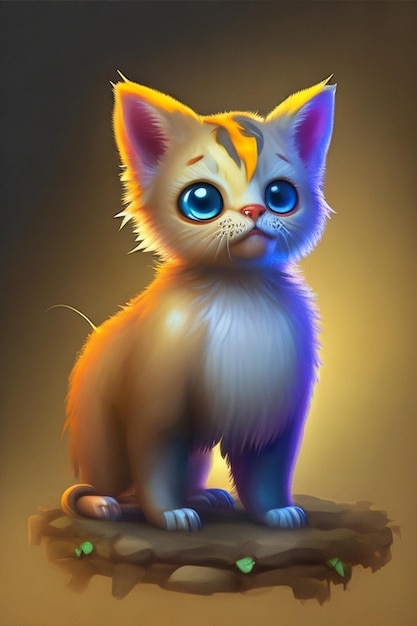 een tekening van een kat met gele ogen en blauwe ogen.
