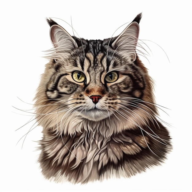 Een tekening van een kat met lange snorharen en een lange staart.