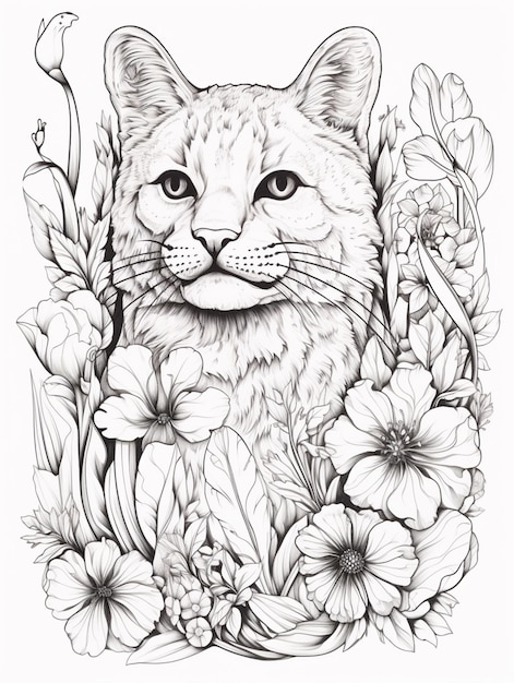 een tekening van een kat omringd door bloemen en planten generatieve ai