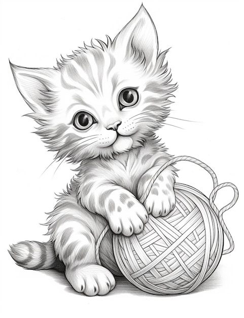 Een tekening van een katje dat speelt met een bol garen generatieve ai