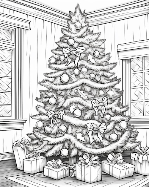 een tekening van een kerstboom met cadeautjes ervoor generatieve ai