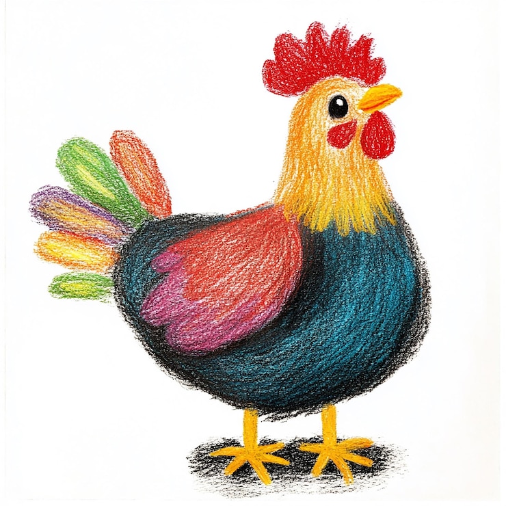 Foto een tekening van een kip met een rode snavel en een gele snavel