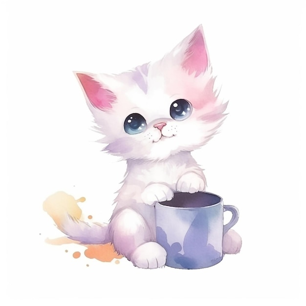 Een tekening van een kitten met blauwe ogen en een kopje koffie.