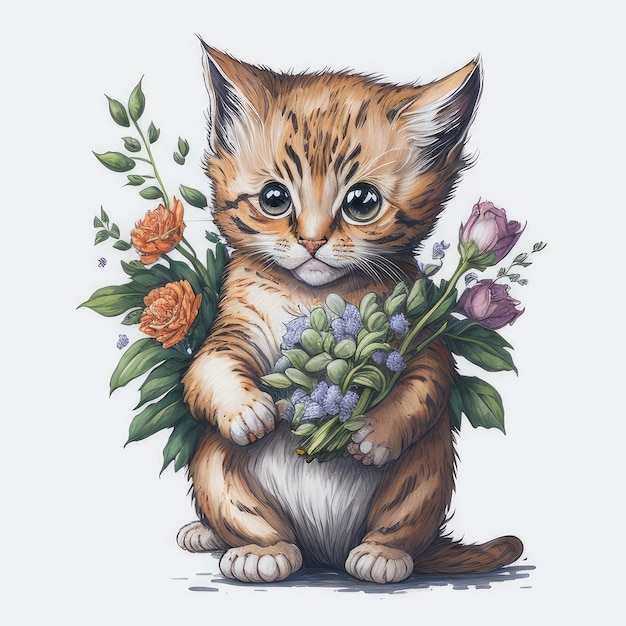 Een tekening van een kitten met bloemen en een bos bloemen.