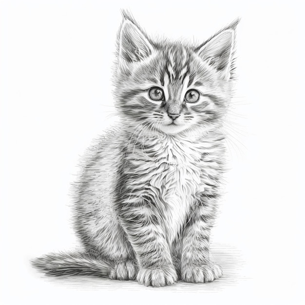 Een tekening van een kitten met een zwarte omtrek