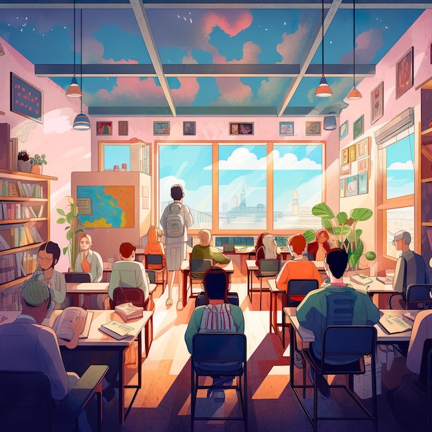 Een tekening van een klaslokaal met een persoon aan een bureau en een raam met de woorden het woord erop
