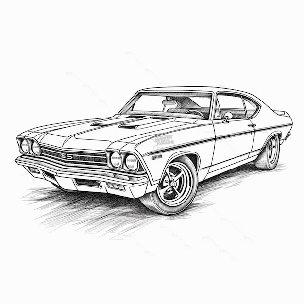 Een tekening van een klassieke muscle car in een zwart-wit afbeelding generatieve ai