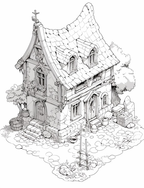 een tekening van een klein huis met een dak en een tuin generatieve ai
