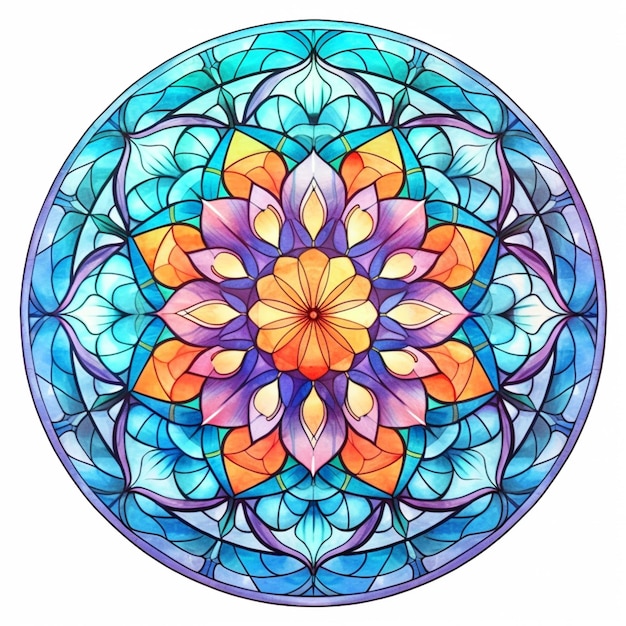 Een tekening van een kleurrijke bloem in een ronde gebrandschilderd glas generatieve ai