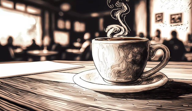 Een tekening van een koffiekopje op een tafel in een café.