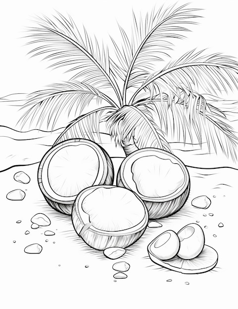 Foto een tekening van een kokosnootboom en enkele gesneden kokosnoten generatieve ai